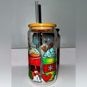 Festive Holiday Glass Tumbler with Straw